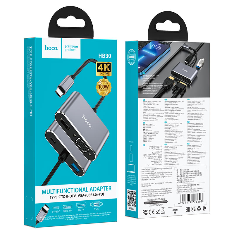 HOCO Converter “HB30 Eco” Type-C to HDMI + VGA + USB3.0 + PD HOCO Converter “HB30 Eco” Type-C to HDMI + VGA + USB3.0 + PD